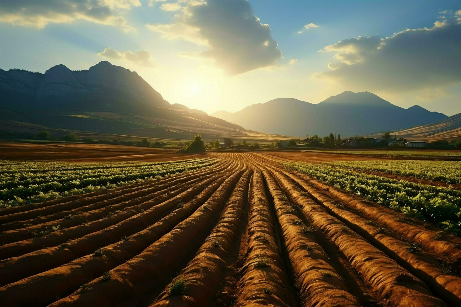 Beautiful view of a tea field plantation, vineyard farm or strawberry garden in the green hills at sunrise concept by AI Generated photo