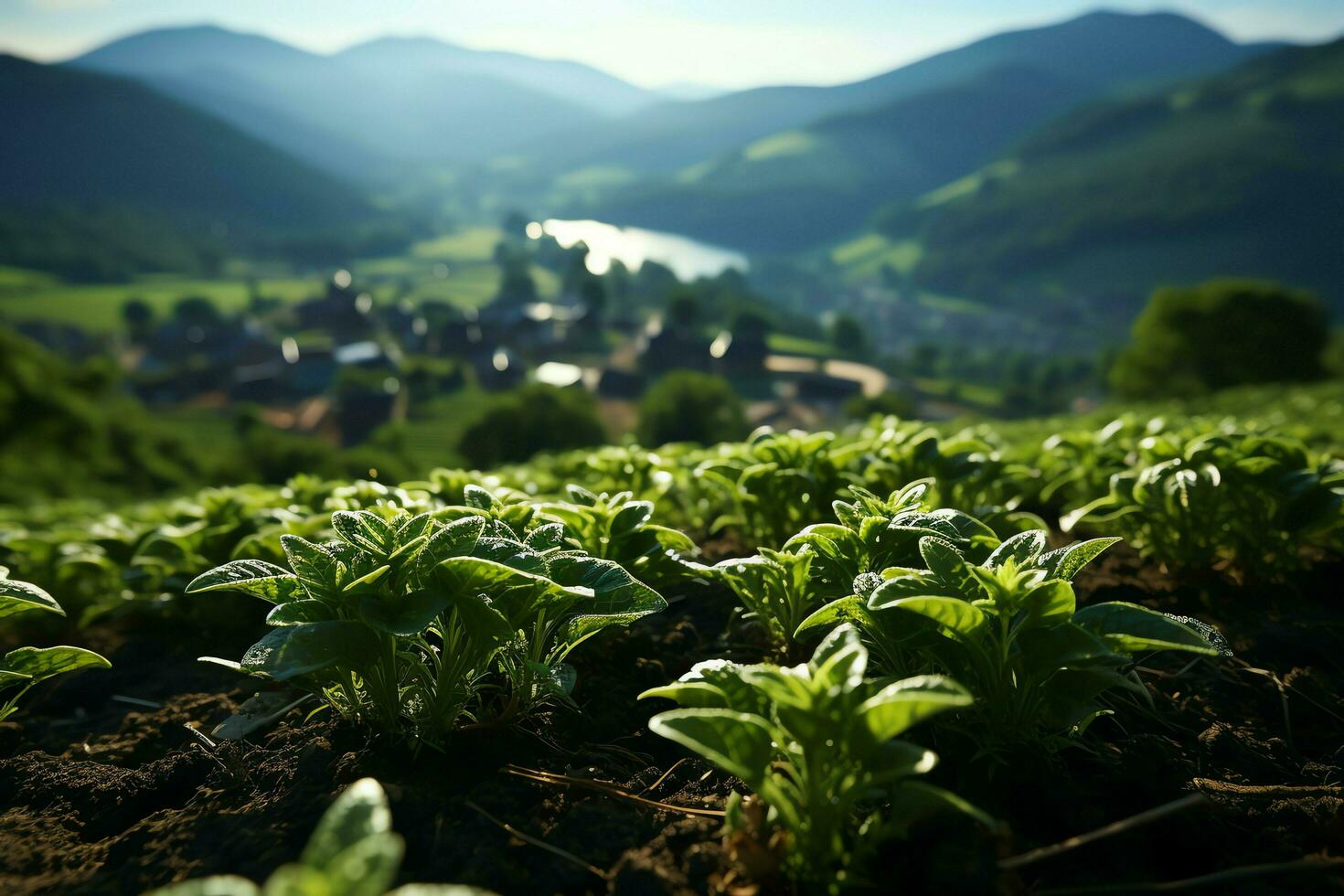 Beautiful view of a tea field plantation, vineyard farm or strawberry garden in the green hills at sunrise concept by AI Generated photo