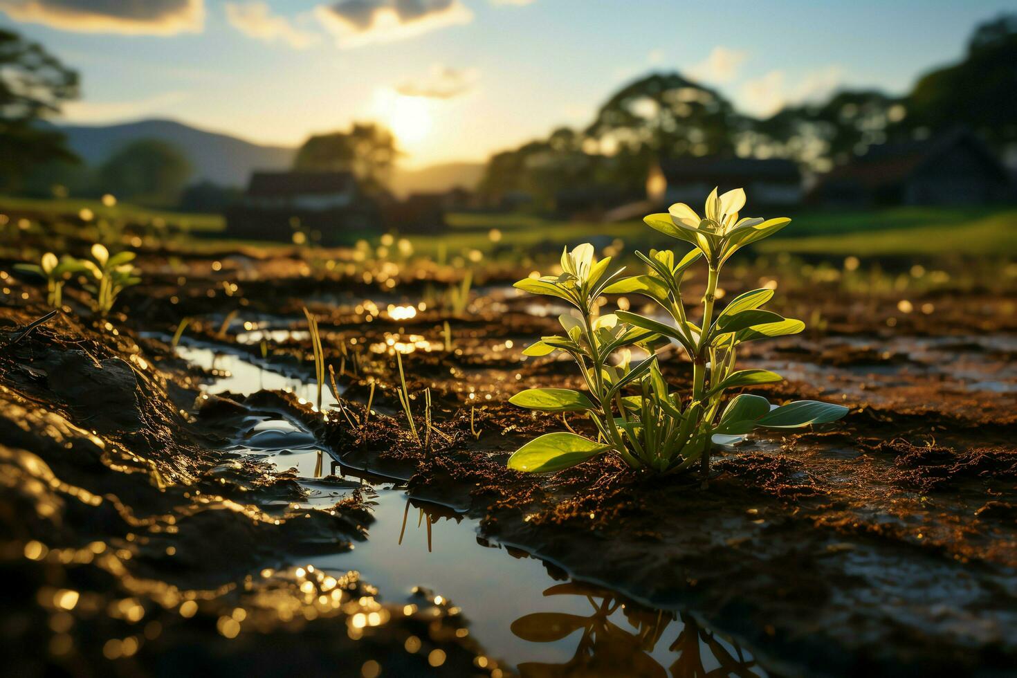 Beautiful view of a tea field plantation, vineyard farm or strawberry garden in the green hills at sunrise concept by AI Generated photo