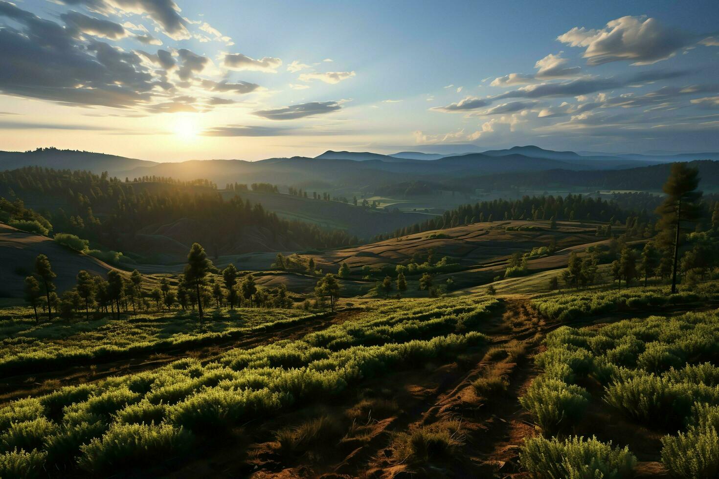 Beautiful view of a tea field plantation, vineyard farm or strawberry garden in the green hills at sunrise concept by AI Generated photo