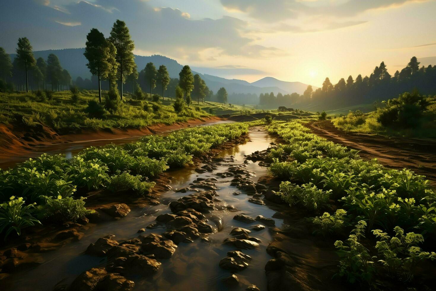 Beautiful view of a tea field plantation, vineyard farm or strawberry garden in the green hills at sunrise concept by AI Generated photo