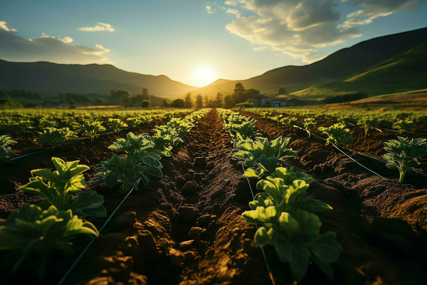 Beautiful view of a tea field plantation, vineyard farm or strawberry garden in the green hills at sunrise concept by AI Generated photo