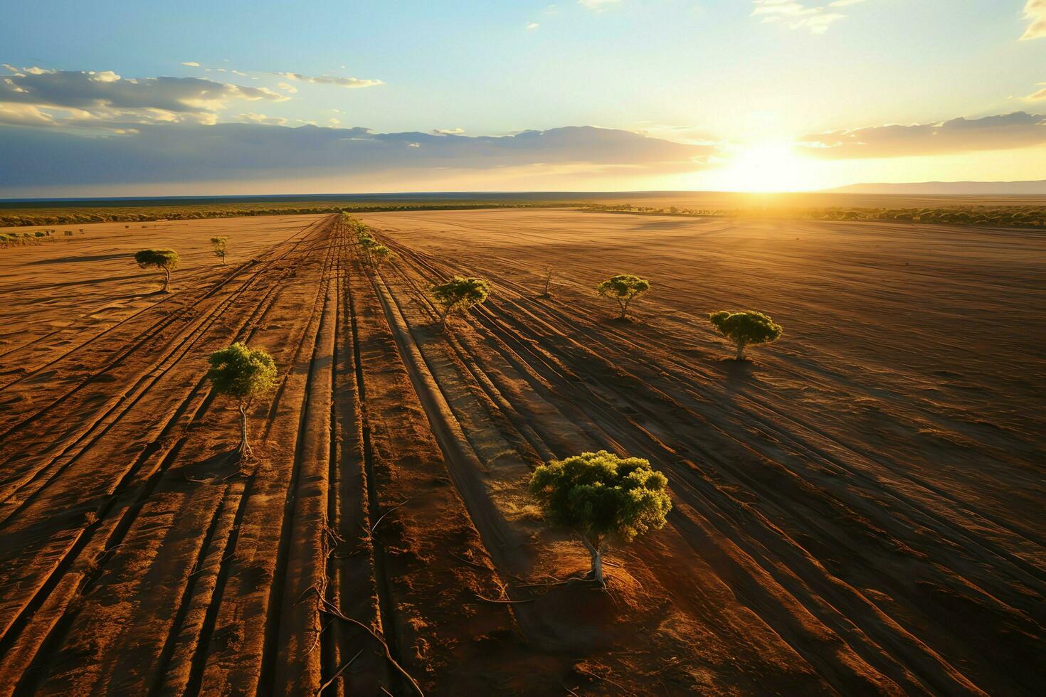 Beautiful view of a tea field plantation, vineyard farm or strawberry garden in the green hills at sunrise concept by AI Generated photo