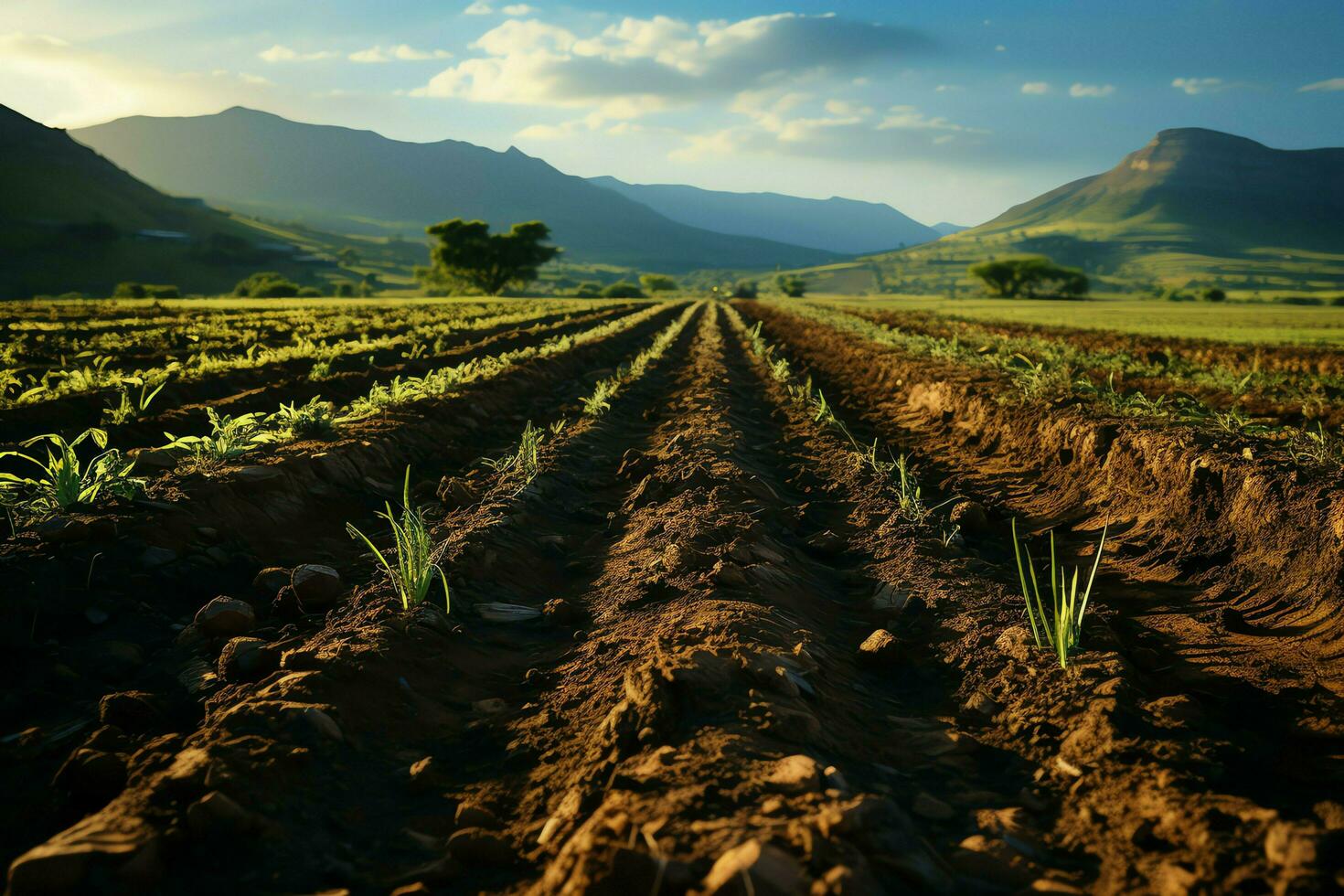 Beautiful view of a tea field plantation, vineyard farm or strawberry garden in the green hills at sunrise concept by AI Generated photo
