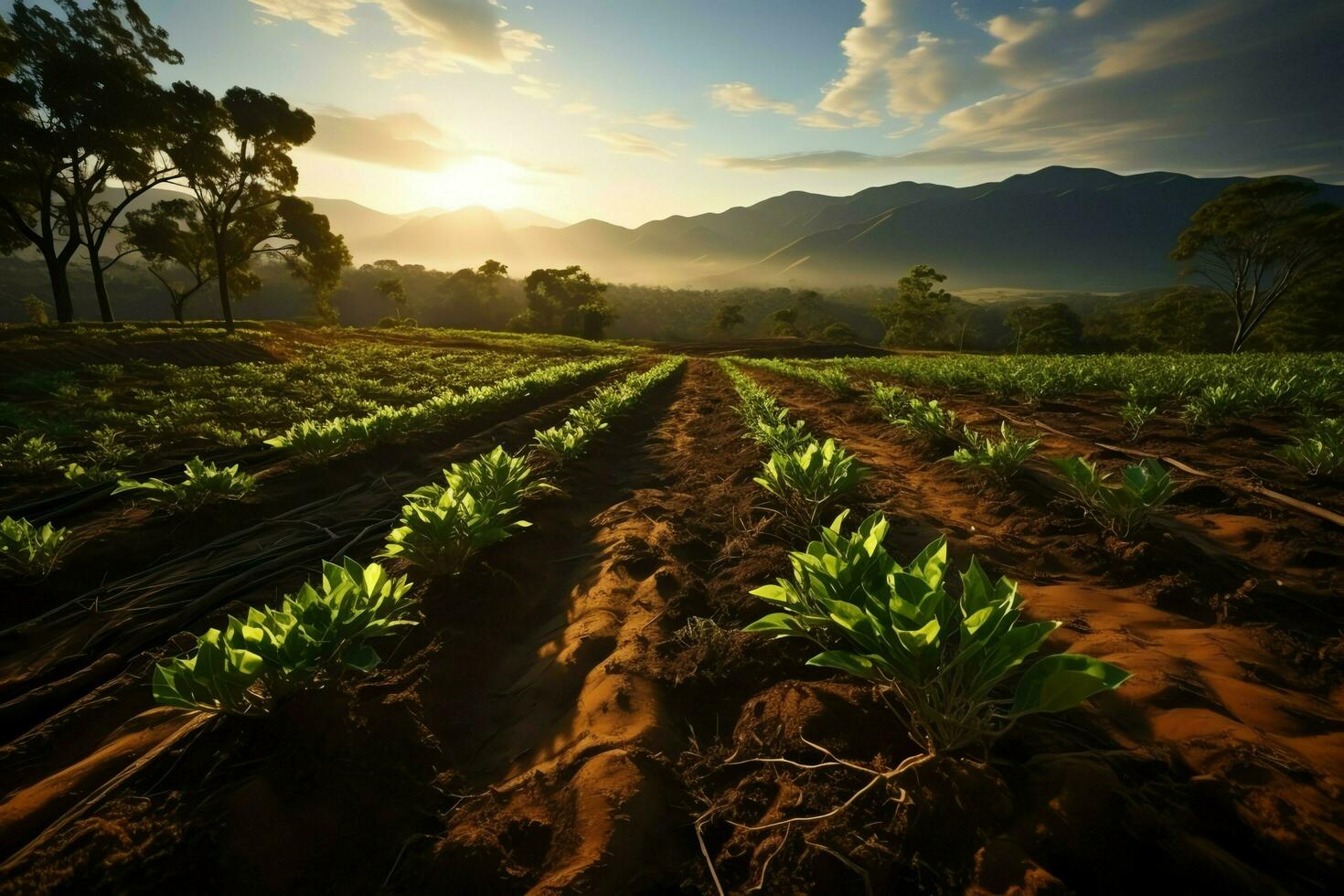 hermosa ver de un té campo plantación, viñedo granja o fresa jardín en el verde colinas a amanecer concepto por ai generado foto