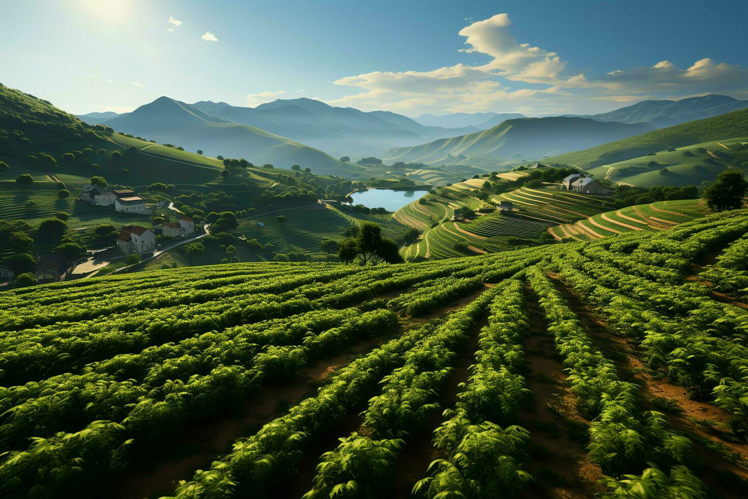 hermosa ver de un té campo plantación, viñedo granja o fresa jardín en el verde colinas a amanecer concepto por ai generado foto