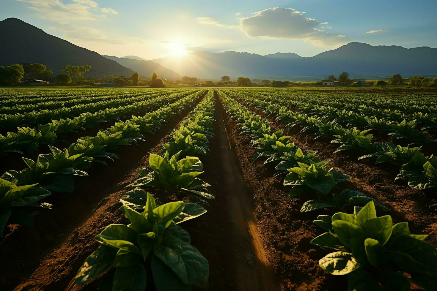 Beautiful view of a tea field plantation, vineyard farm or strawberry garden in the green hills at sunrise concept by AI Generated photo