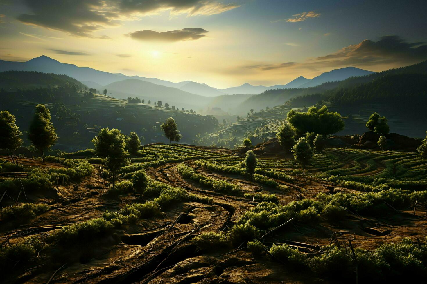 Beautiful view of a tea field plantation, vineyard farm or strawberry garden in the green hills at sunrise concept by AI Generated photo