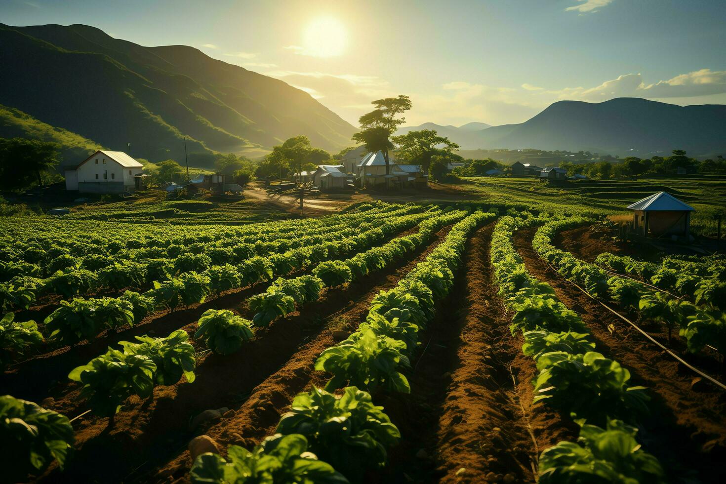 Beautiful view of a tea field plantation, vineyard farm or strawberry garden in the green hills at sunrise concept by AI Generated photo