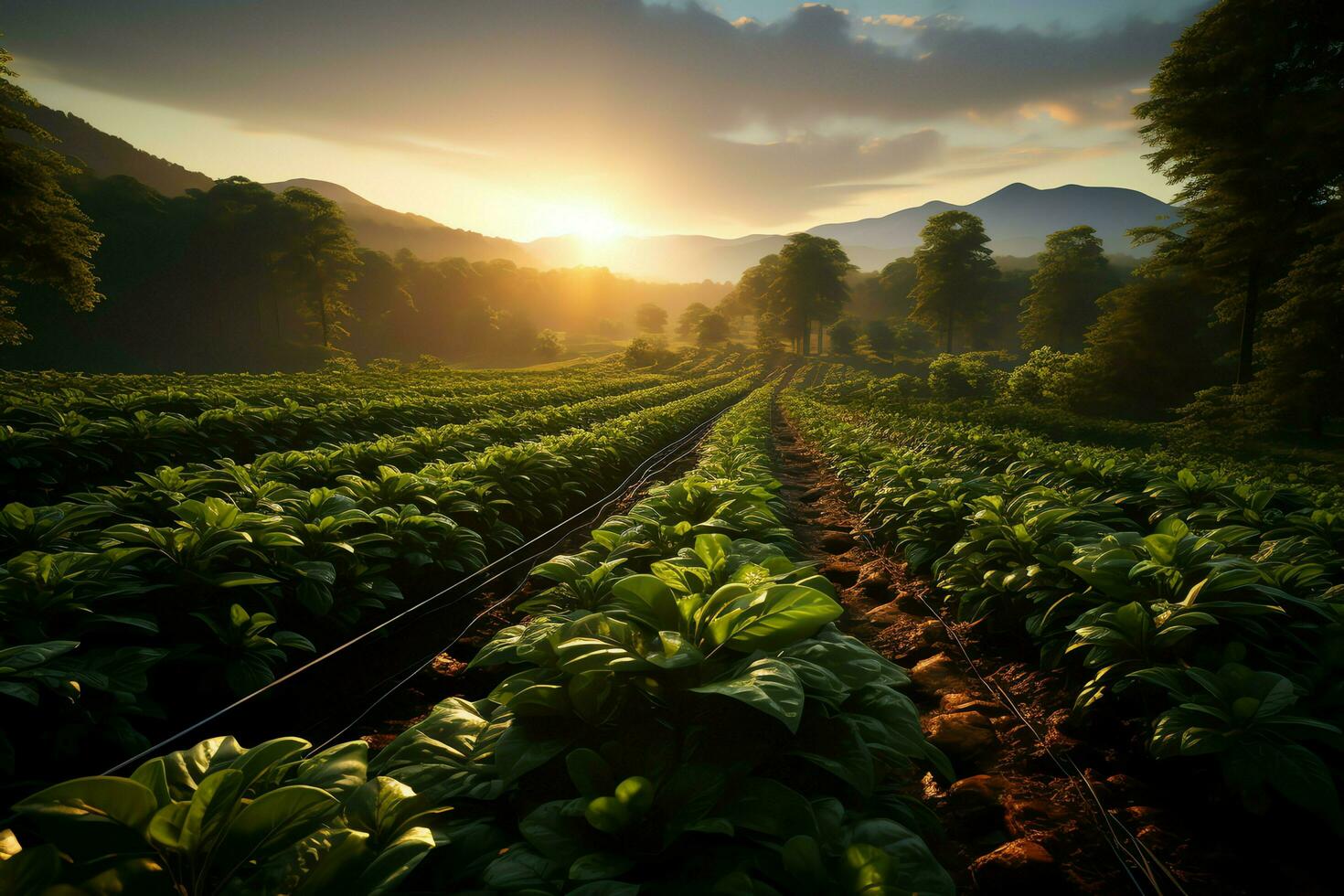 Beautiful view of a tea field plantation, vineyard farm or strawberry garden in the green hills at sunrise concept by AI Generated photo