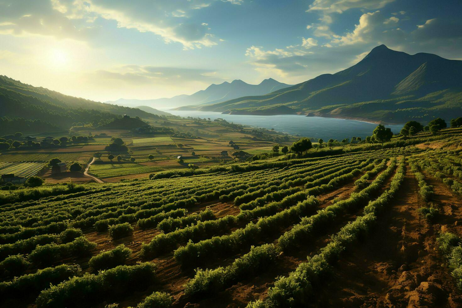 Beautiful view of a tea field plantation, vineyard farm or strawberry garden in the green hills at sunrise concept by AI Generated photo