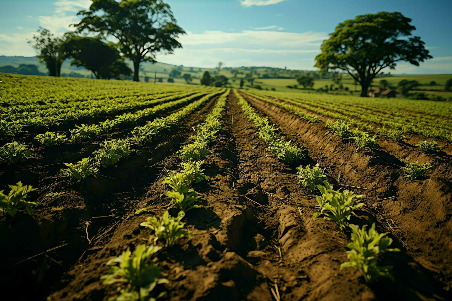 Beautiful view of a tea field plantation, vineyard farm or strawberry garden in the green hills at sunrise concept by AI Generated photo