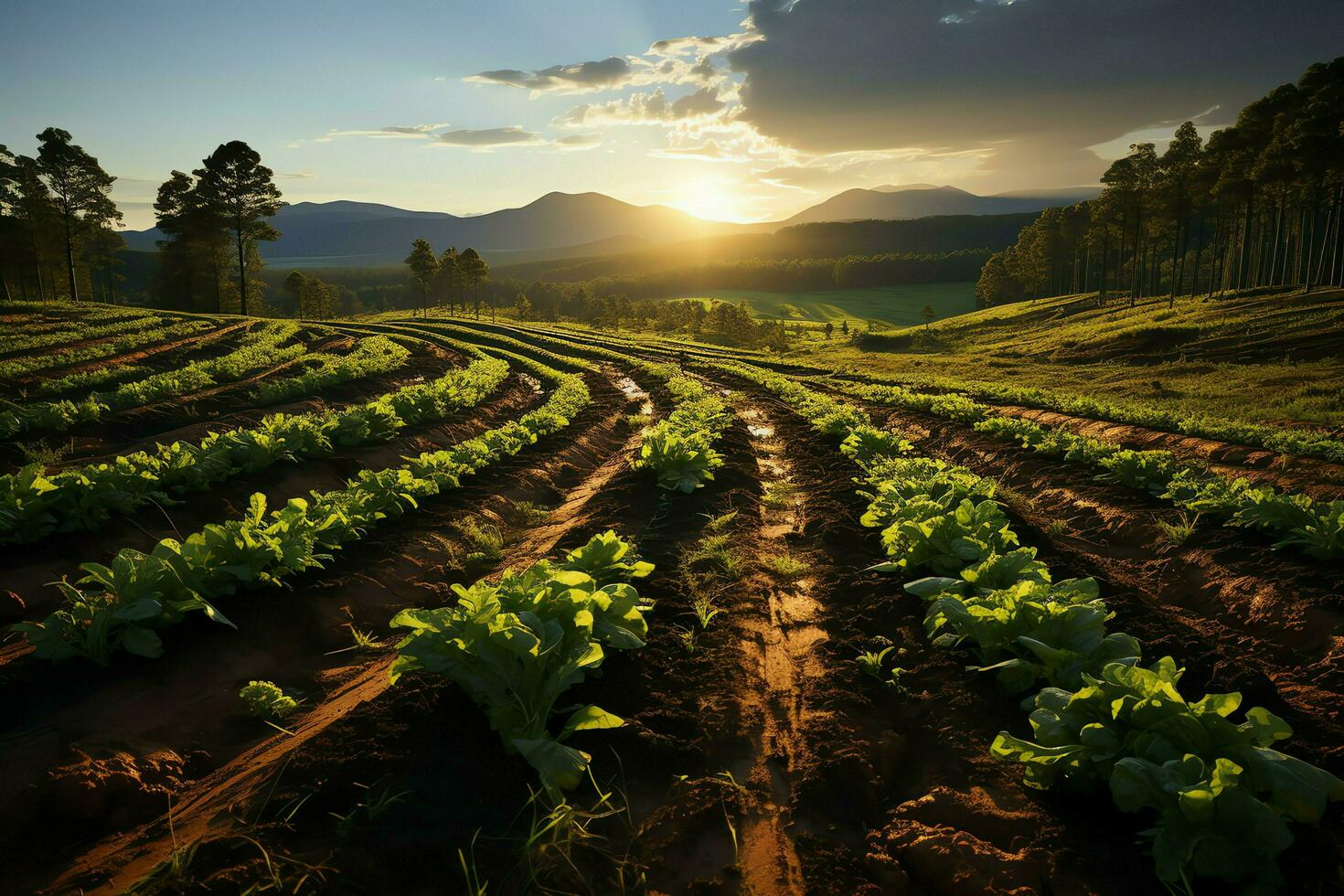 Beautiful view of a tea field plantation, vineyard farm or strawberry garden in the green hills at sunrise concept by AI Generated photo