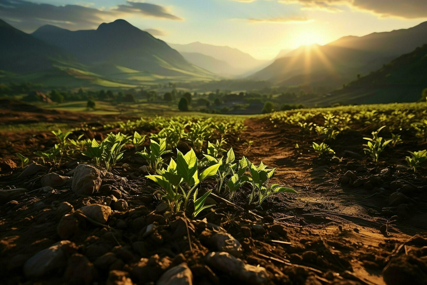 Beautiful view of a tea field plantation, vineyard farm or strawberry garden in the green hills at sunrise concept by AI Generated photo
