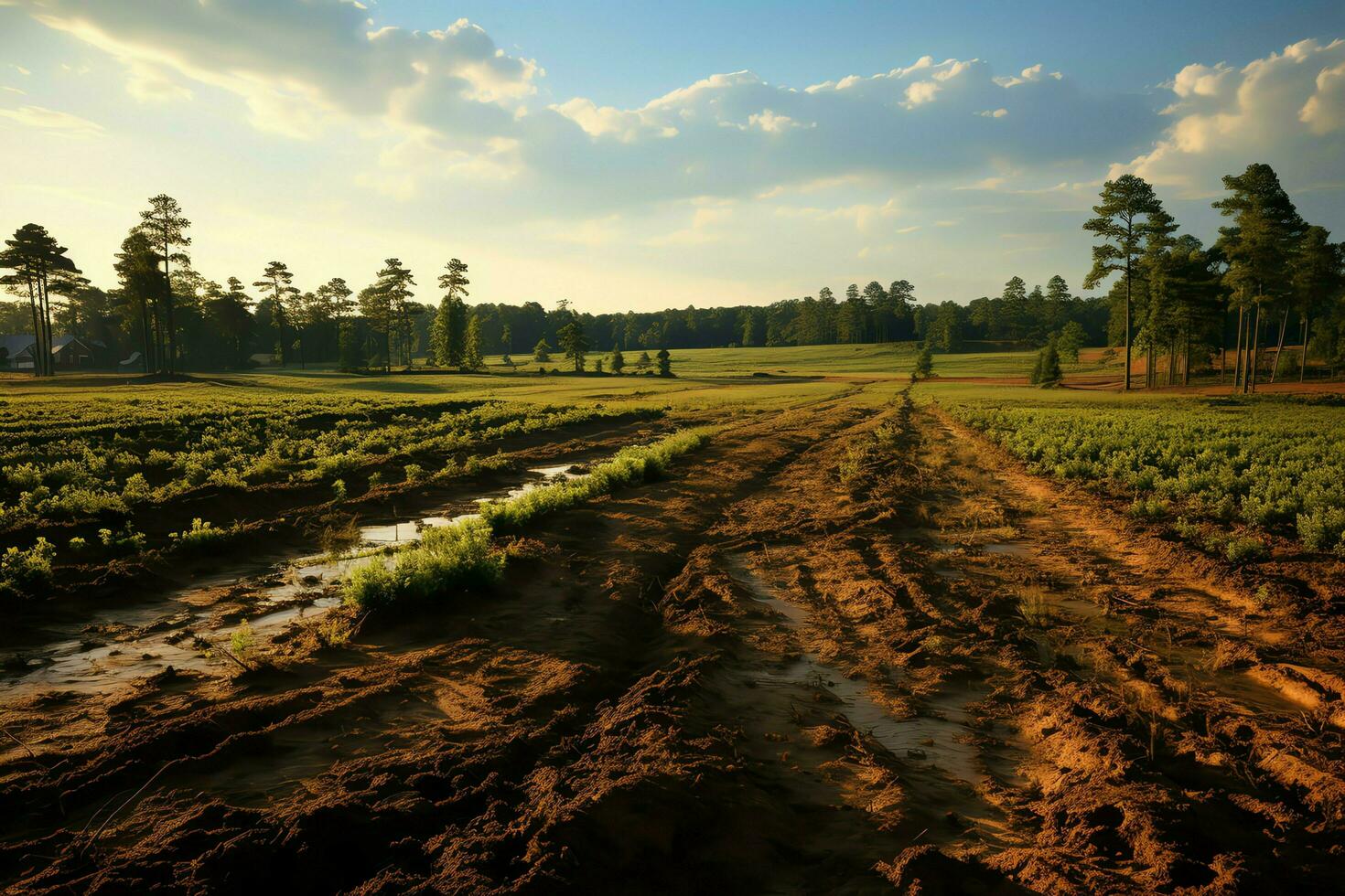 hermosa ver de un té campo plantación, viñedo granja o fresa jardín en el verde colinas a amanecer concepto por ai generado foto