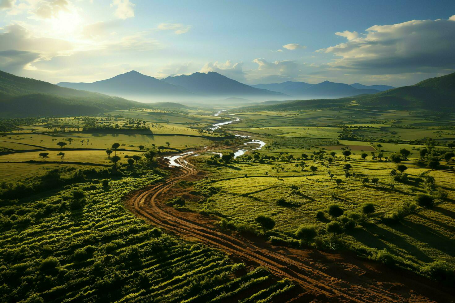 hermosa ver de un té campo plantación, viñedo granja o fresa jardín en el verde colinas a amanecer concepto por ai generado foto