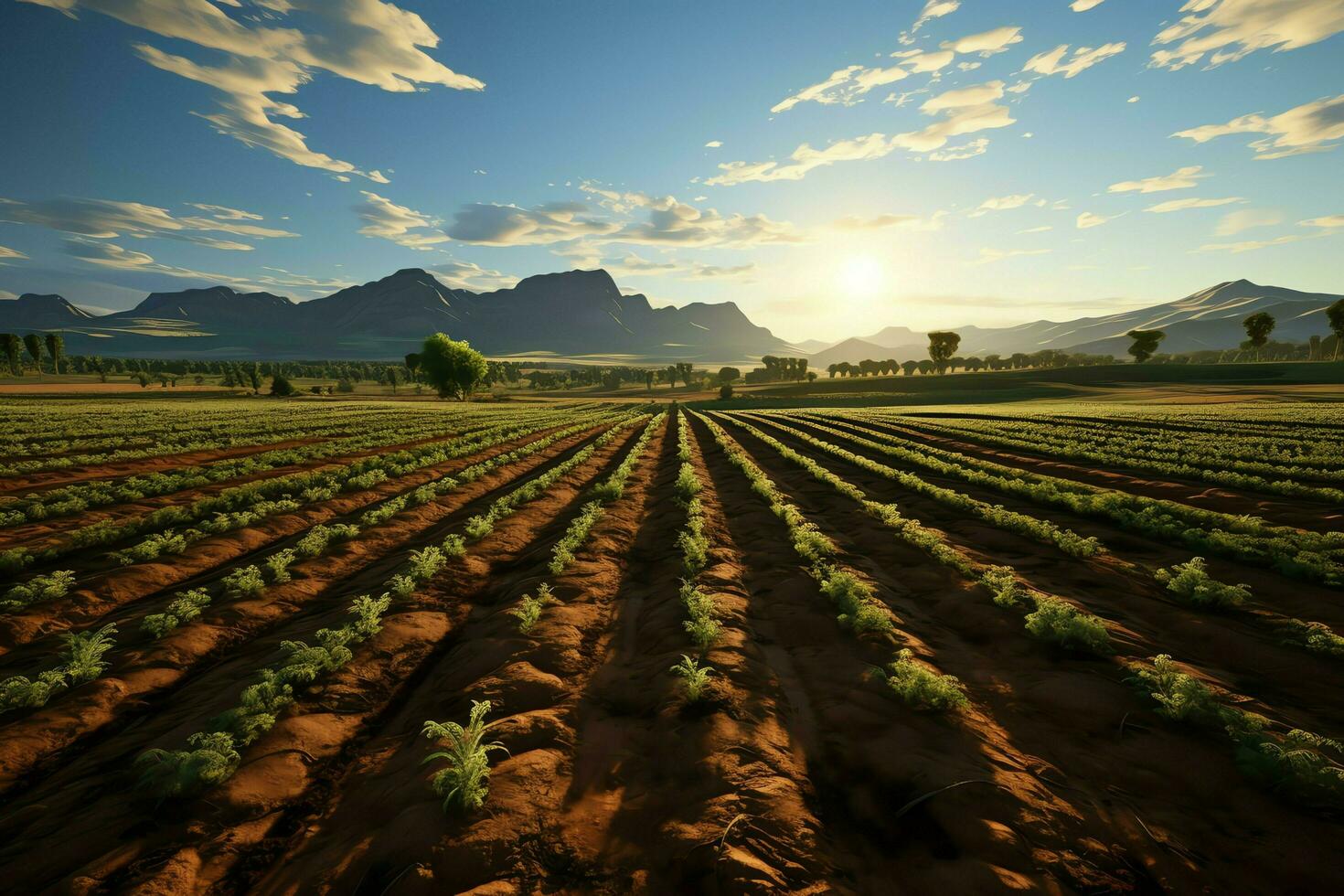 Beautiful view of a tea field plantation, vineyard farm or strawberry garden in the green hills at sunrise concept by AI Generated photo