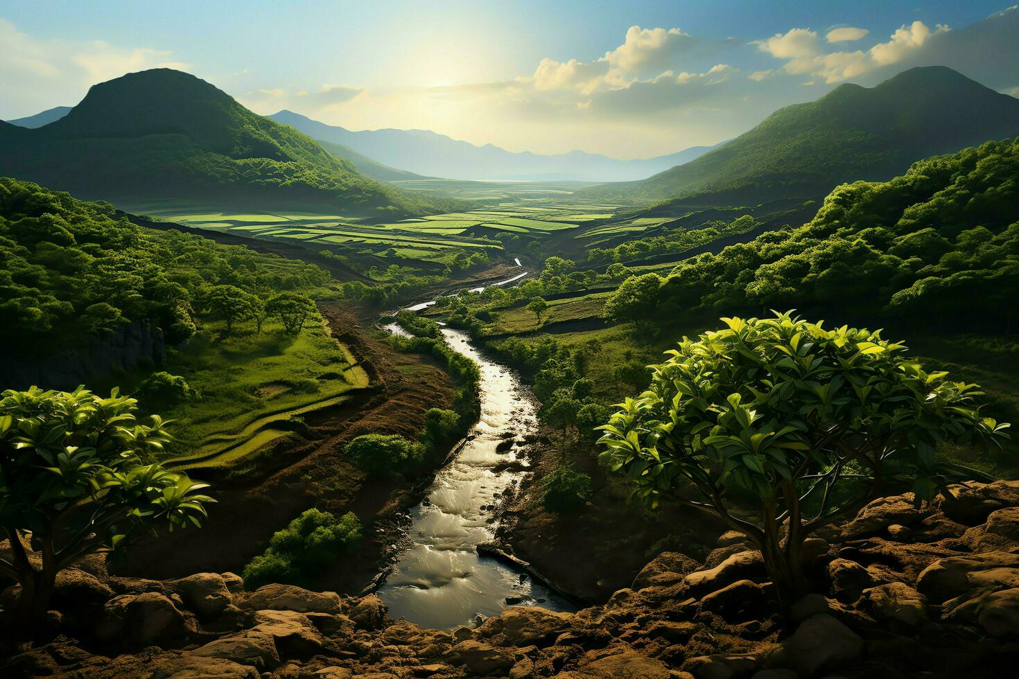 Beautiful view of a tea field plantation, vineyard farm or strawberry garden in the green hills at sunrise concept by AI Generated photo