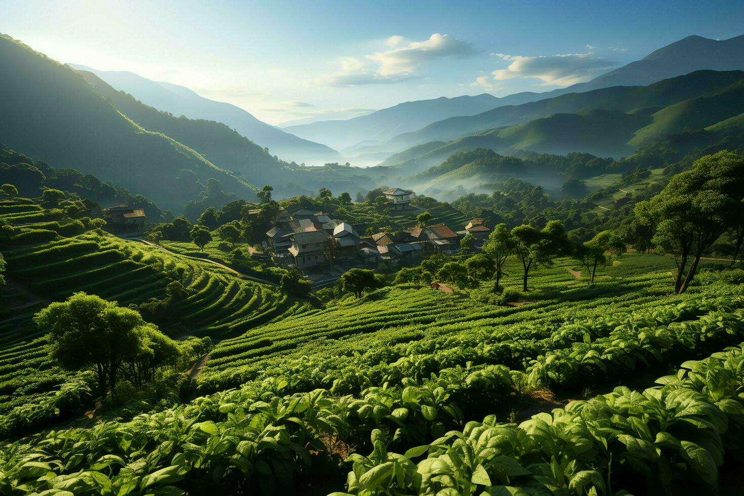 Beautiful view of a tea field plantation, vineyard farm or strawberry garden in the green hills at sunrise concept by AI Generated photo