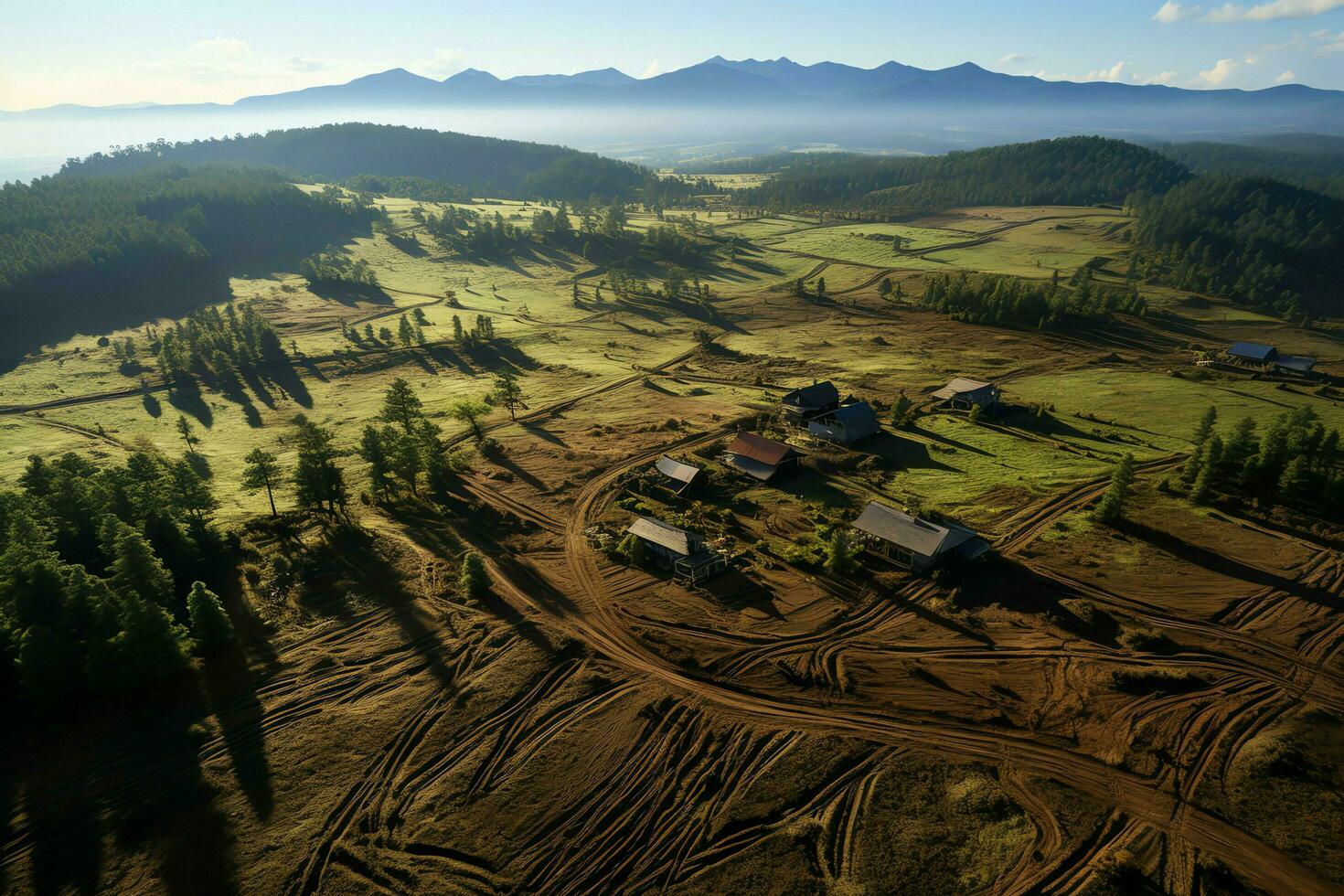Beautiful view of a tea field plantation, vineyard farm or strawberry garden in the green hills at sunrise concept by AI Generated photo