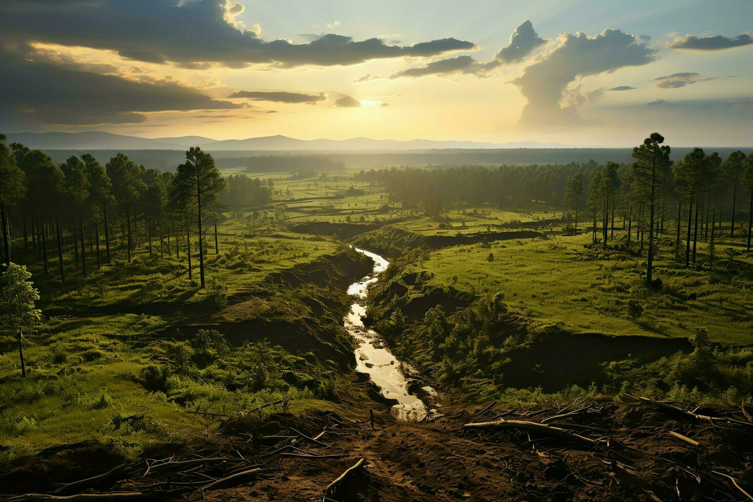 Beautiful view of a tea field plantation, vineyard farm or strawberry garden in the green hills at sunrise concept by AI Generated photo