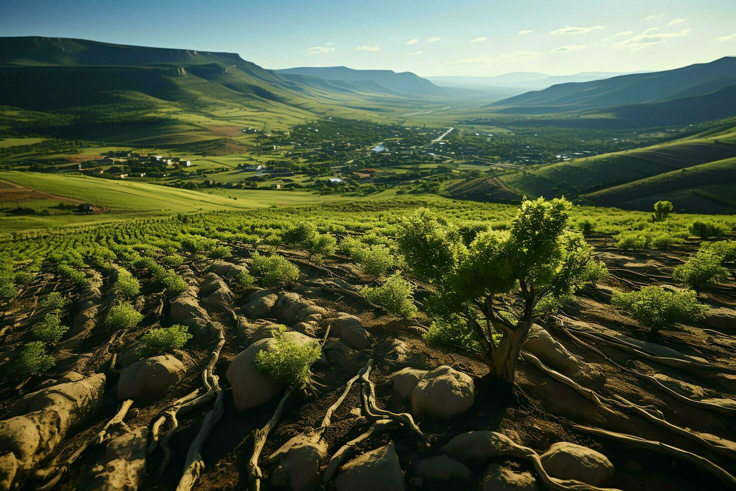 Beautiful view of a tea field plantation, vineyard farm or strawberry garden in the green hills at sunrise concept by AI Generated photo