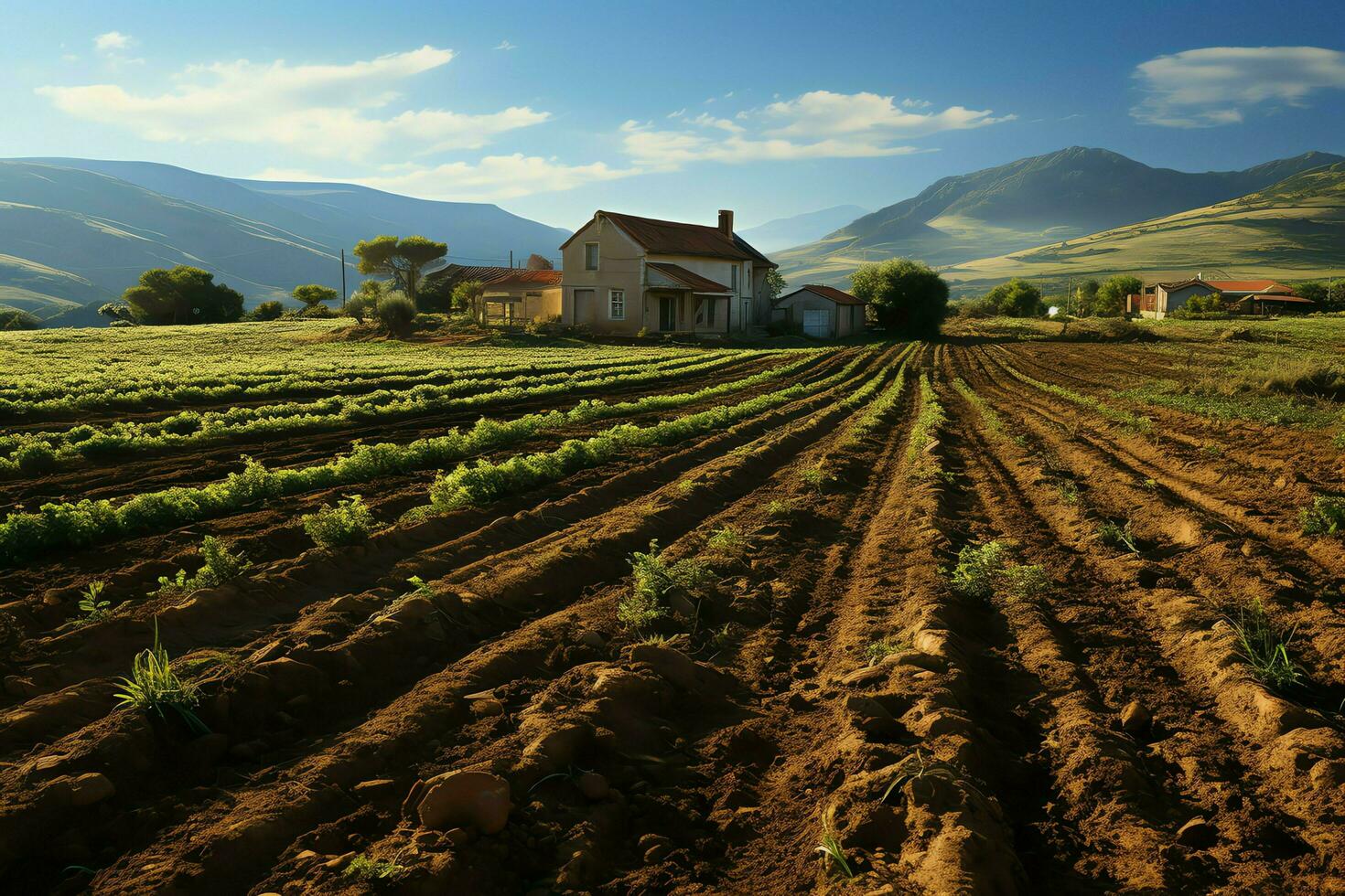 Beautiful view of a tea field plantation, vineyard farm or strawberry garden in the green hills at sunrise concept by AI Generated photo