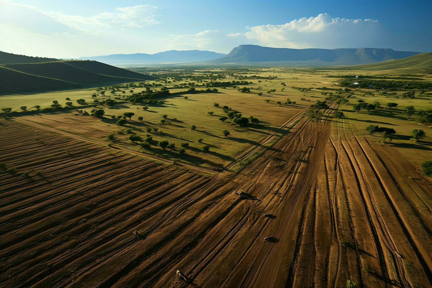 hermosa ver de un té campo plantación, viñedo granja o fresa jardín en el verde colinas a amanecer concepto por ai generado foto