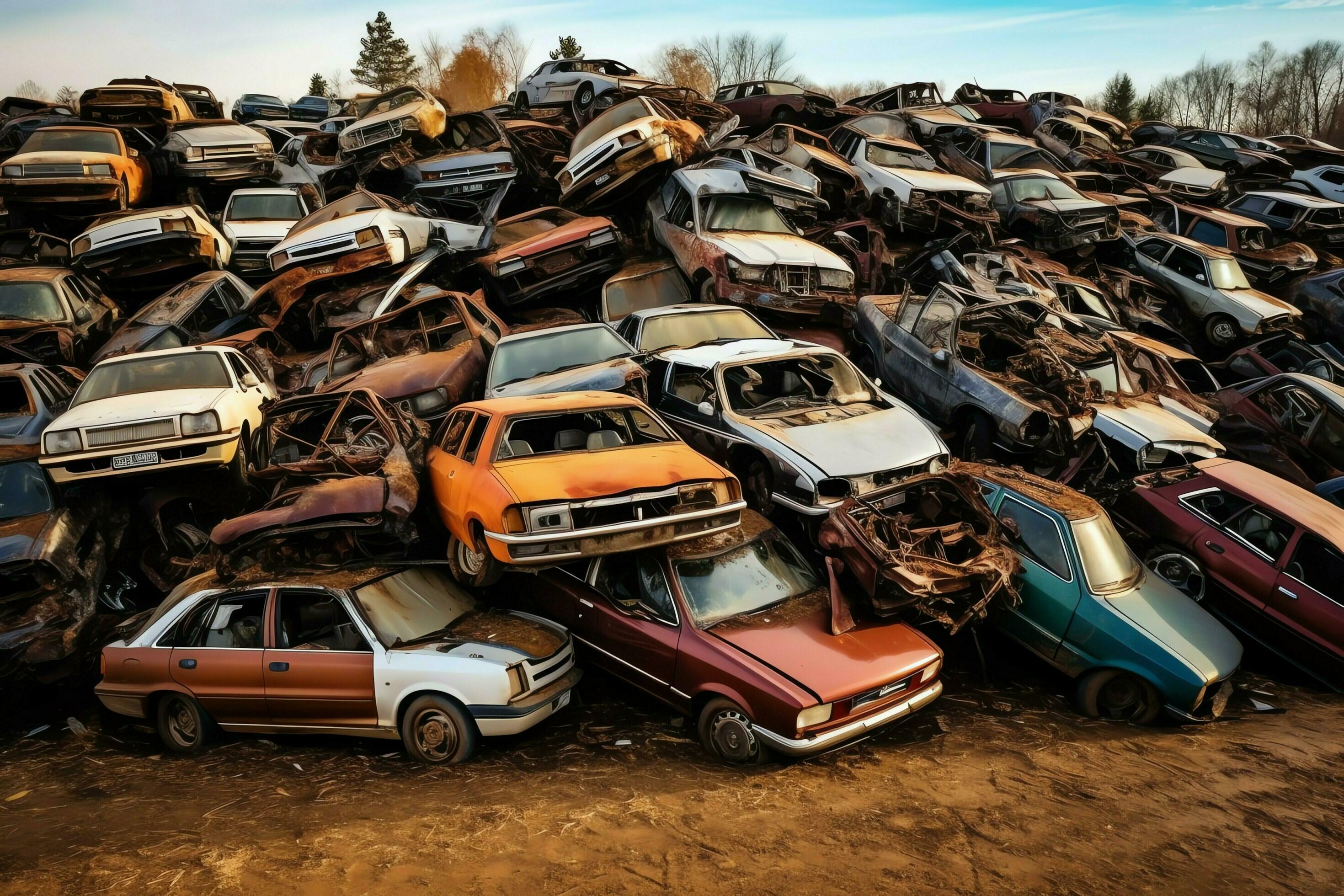 Rusting old junk cars with environment pollution in junkyard for