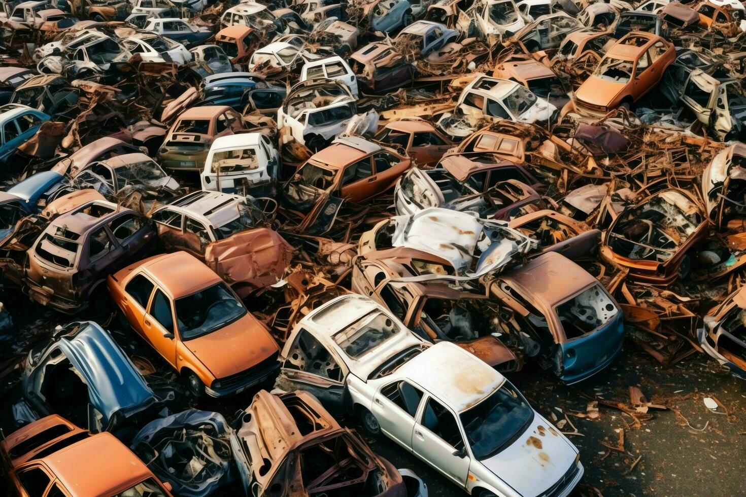 Rusting old junk cars with environment pollution in junkyard for recycling. Abandoned car waste concept by AI Generated photo