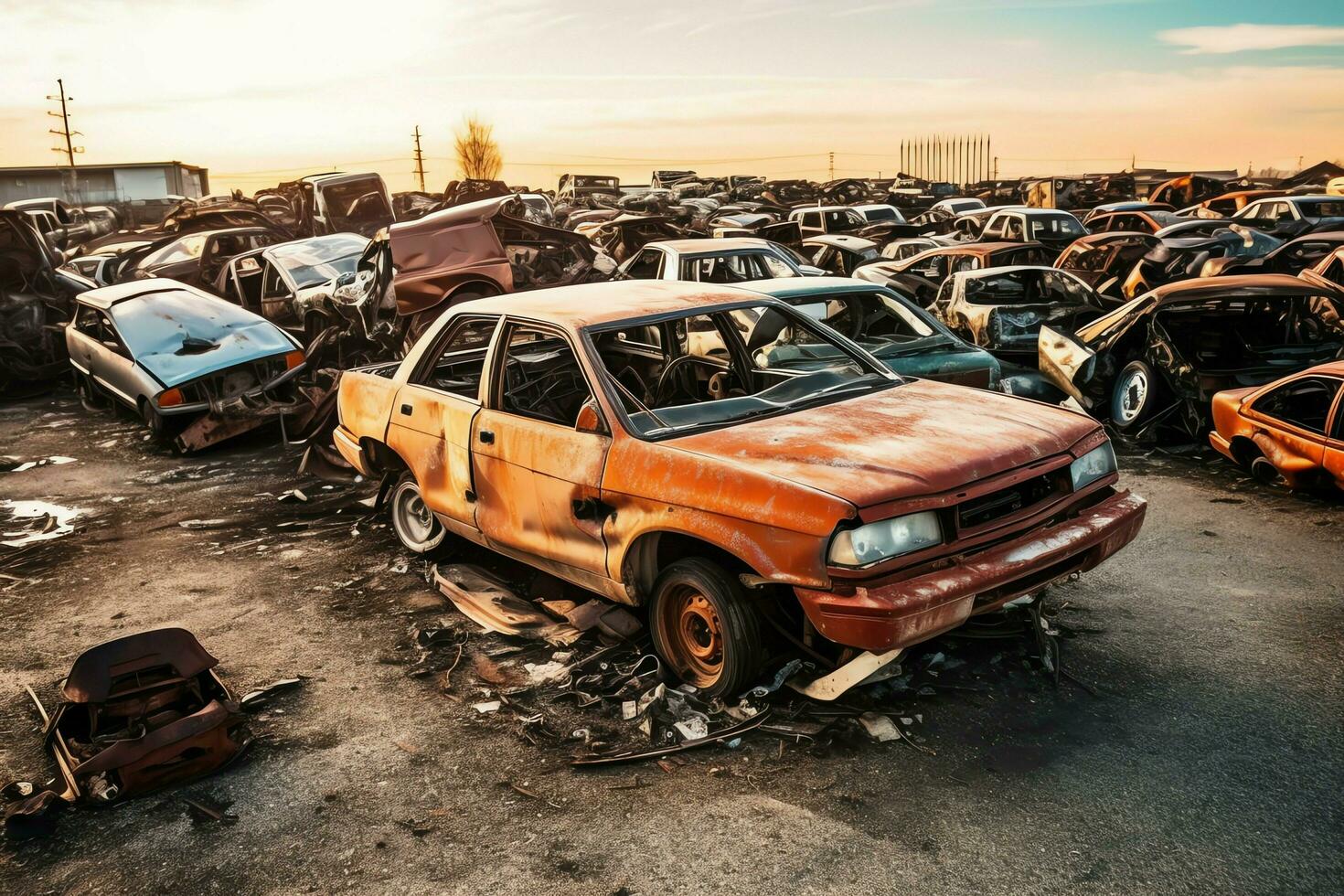 oxidando antiguo basura carros con ambiente contaminación en depósito de chatarra para reciclaje. abandonado coche residuos concepto por ai generado foto