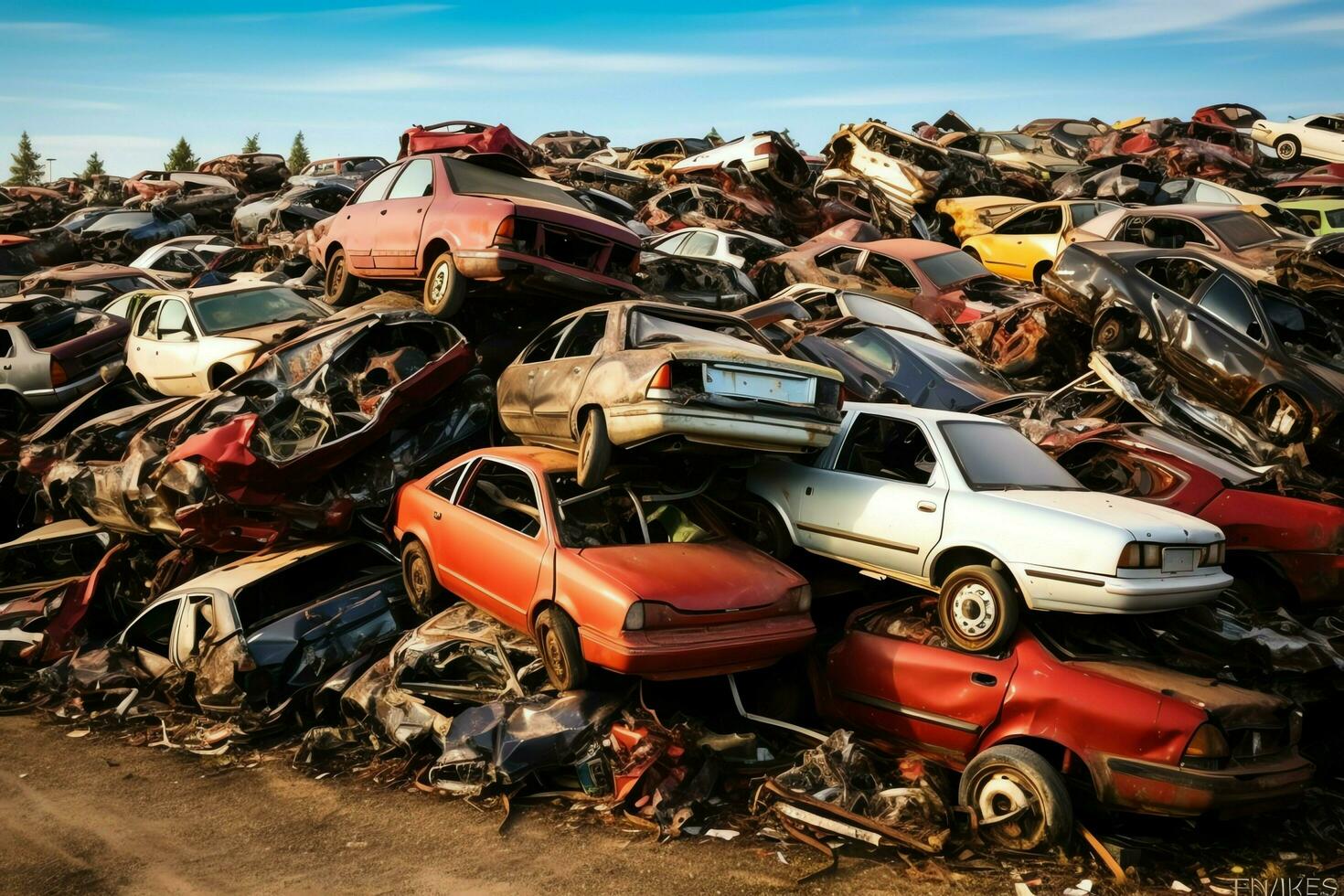 Rusting old junk cars with environment pollution in junkyard for recycling. Abandoned car waste concept by AI Generated photo