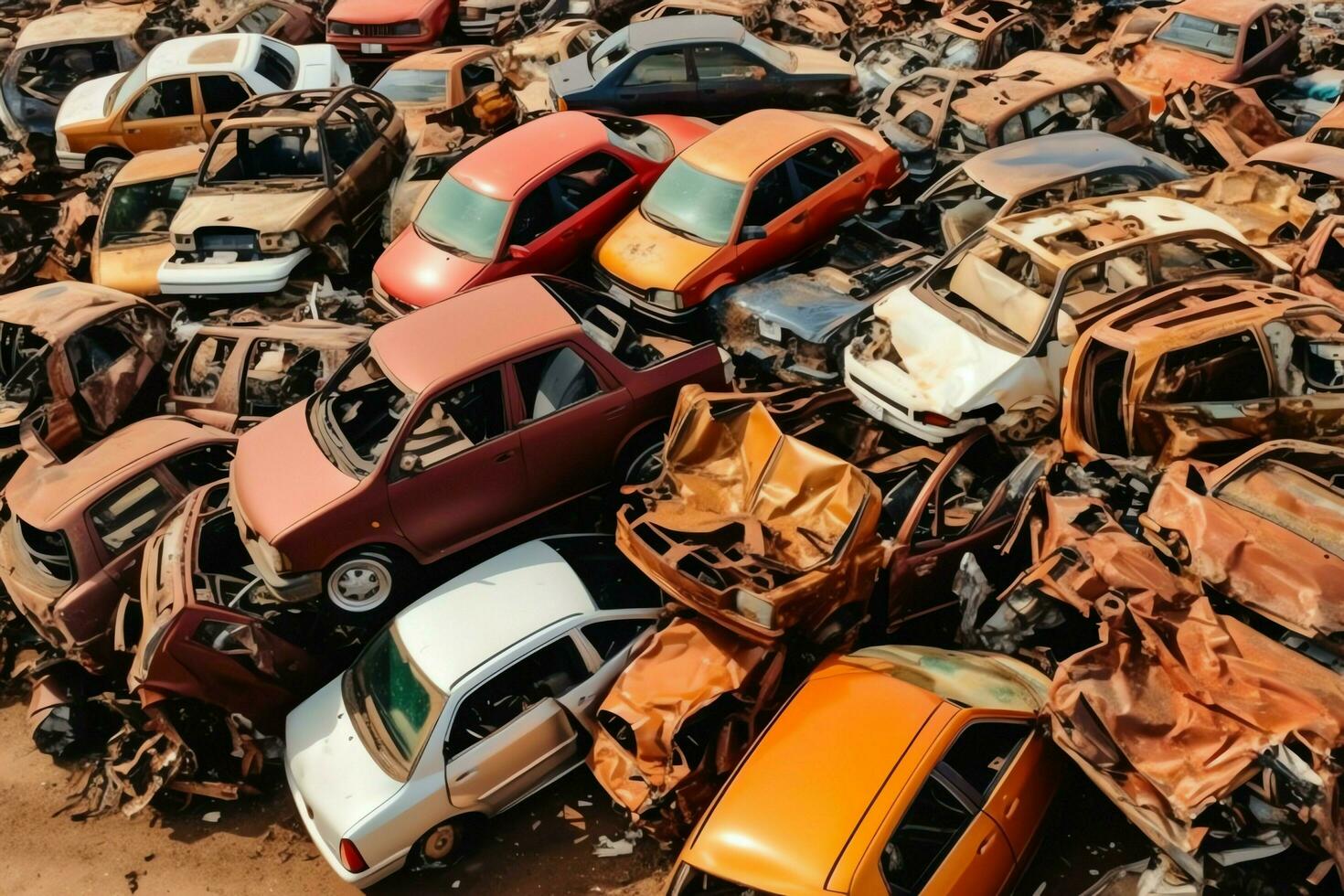 oxidando antiguo basura carros con ambiente contaminación en depósito de chatarra para reciclaje. abandonado coche residuos concepto por ai generado foto