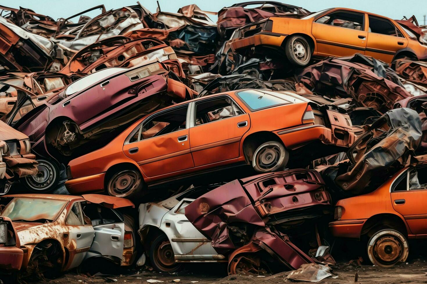 oxidando antiguo basura carros con ambiente contaminación en depósito de chatarra para reciclaje. abandonado coche residuos concepto por ai generado foto