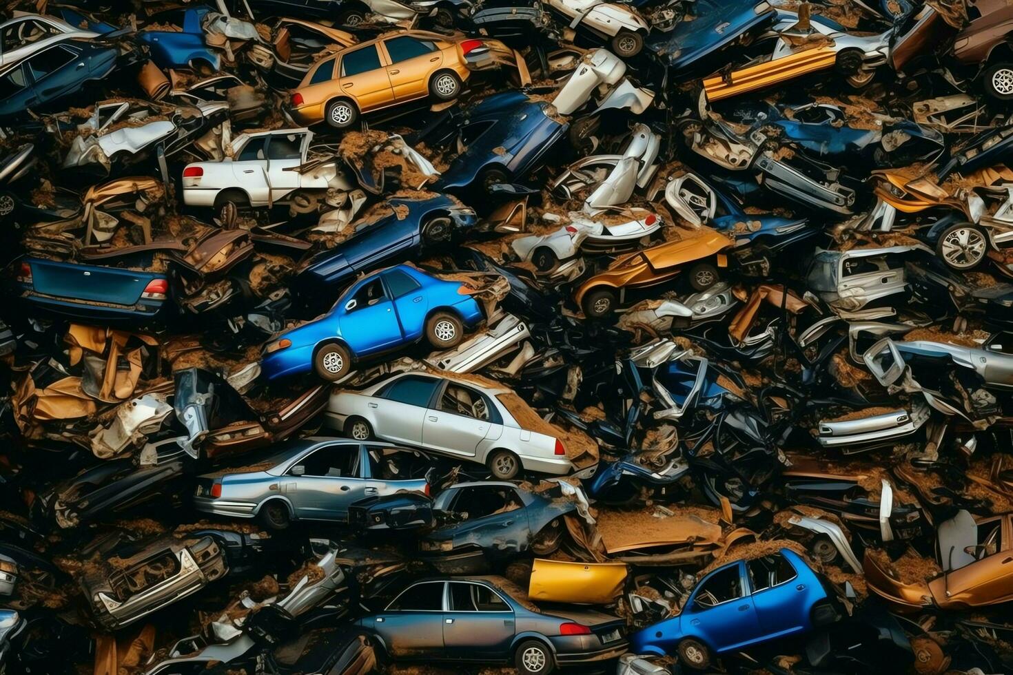 Rusting old junk cars with environment pollution in junkyard for recycling. Abandoned car waste concept by AI Generated photo