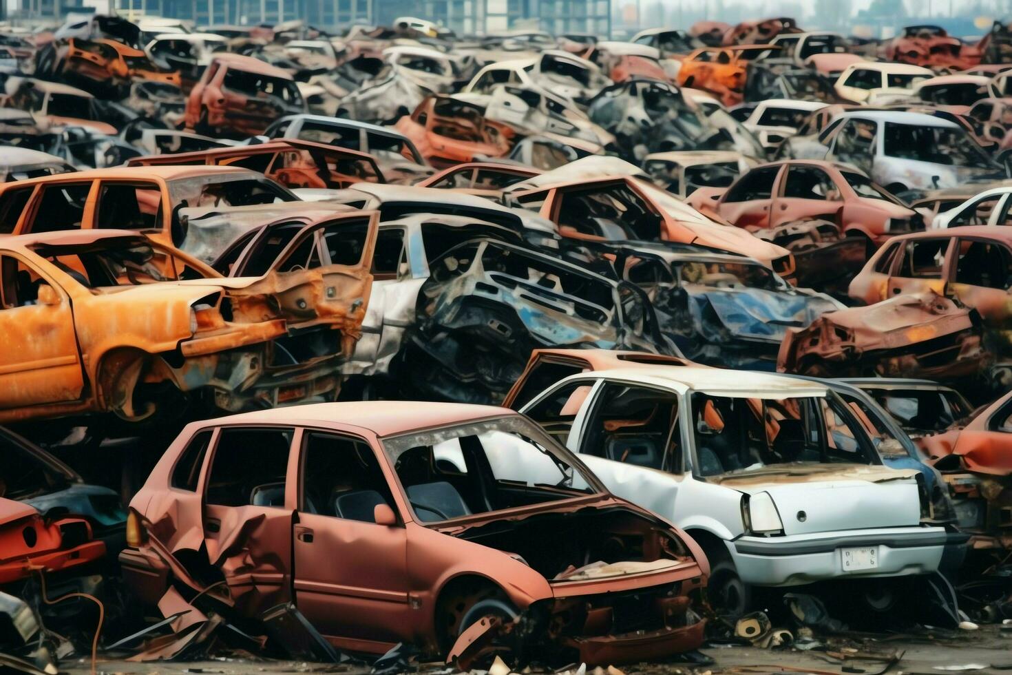 oxidando antiguo basura carros con ambiente contaminación en depósito de chatarra para reciclaje. abandonado coche residuos concepto por ai generado foto