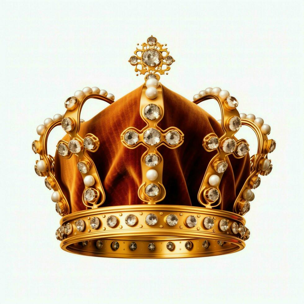 Regal golden emperor crown of a king on white background. 3D rendering luxury royal king gold crown concept by AI Generated photo