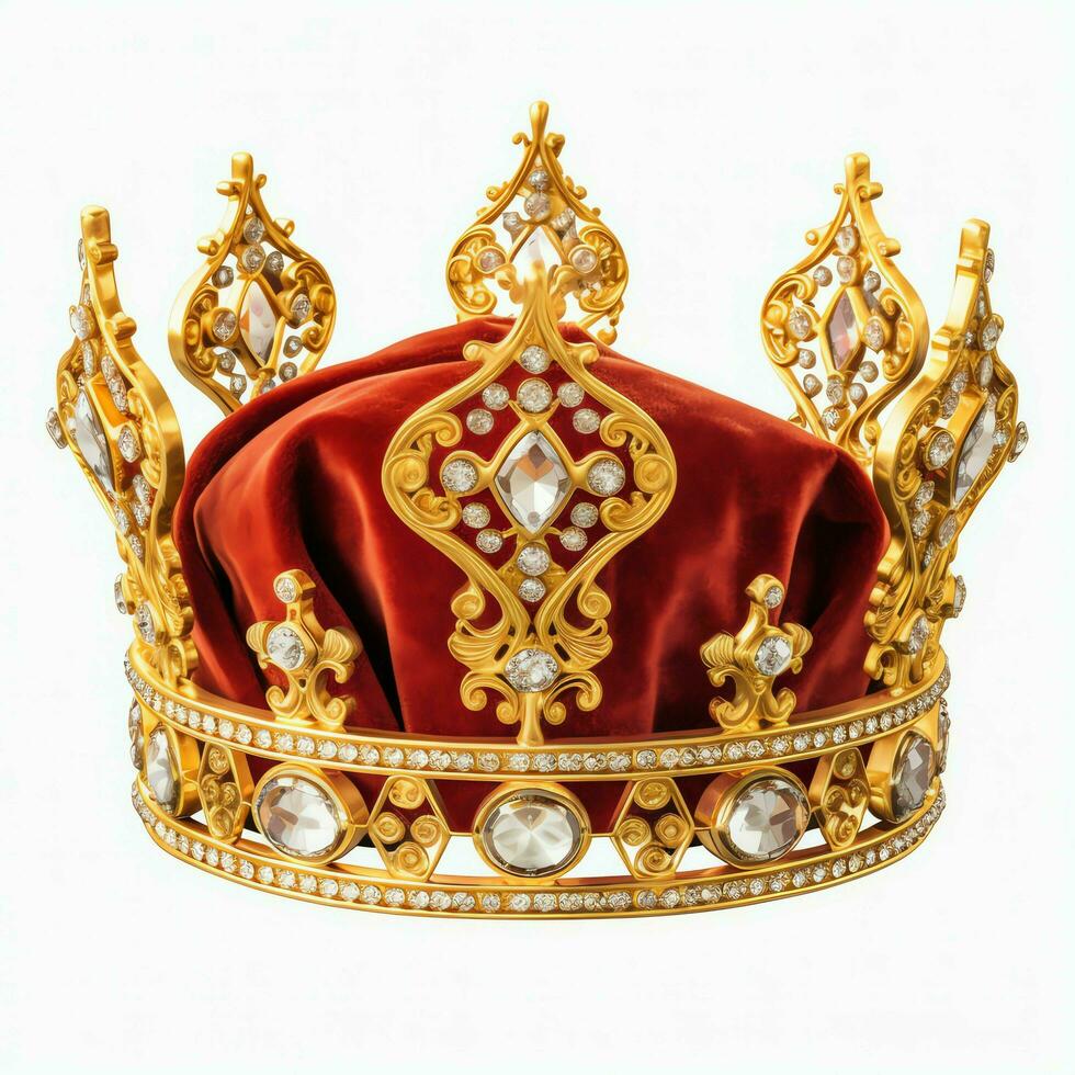 Regal golden emperor crown of a king on white background. 3D rendering luxury royal king gold crown concept by AI Generated photo