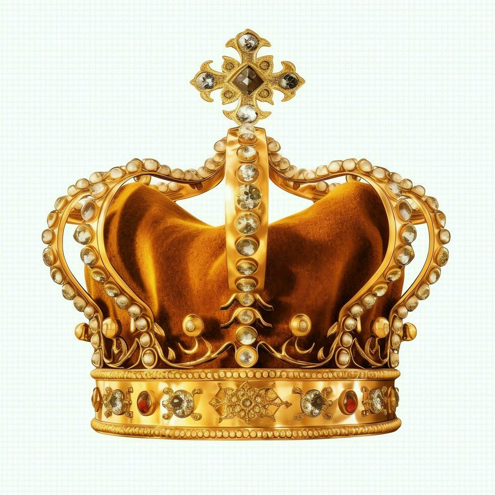 Regal golden emperor crown of a king on white background. 3D rendering luxury royal king gold crown concept by AI Generated photo