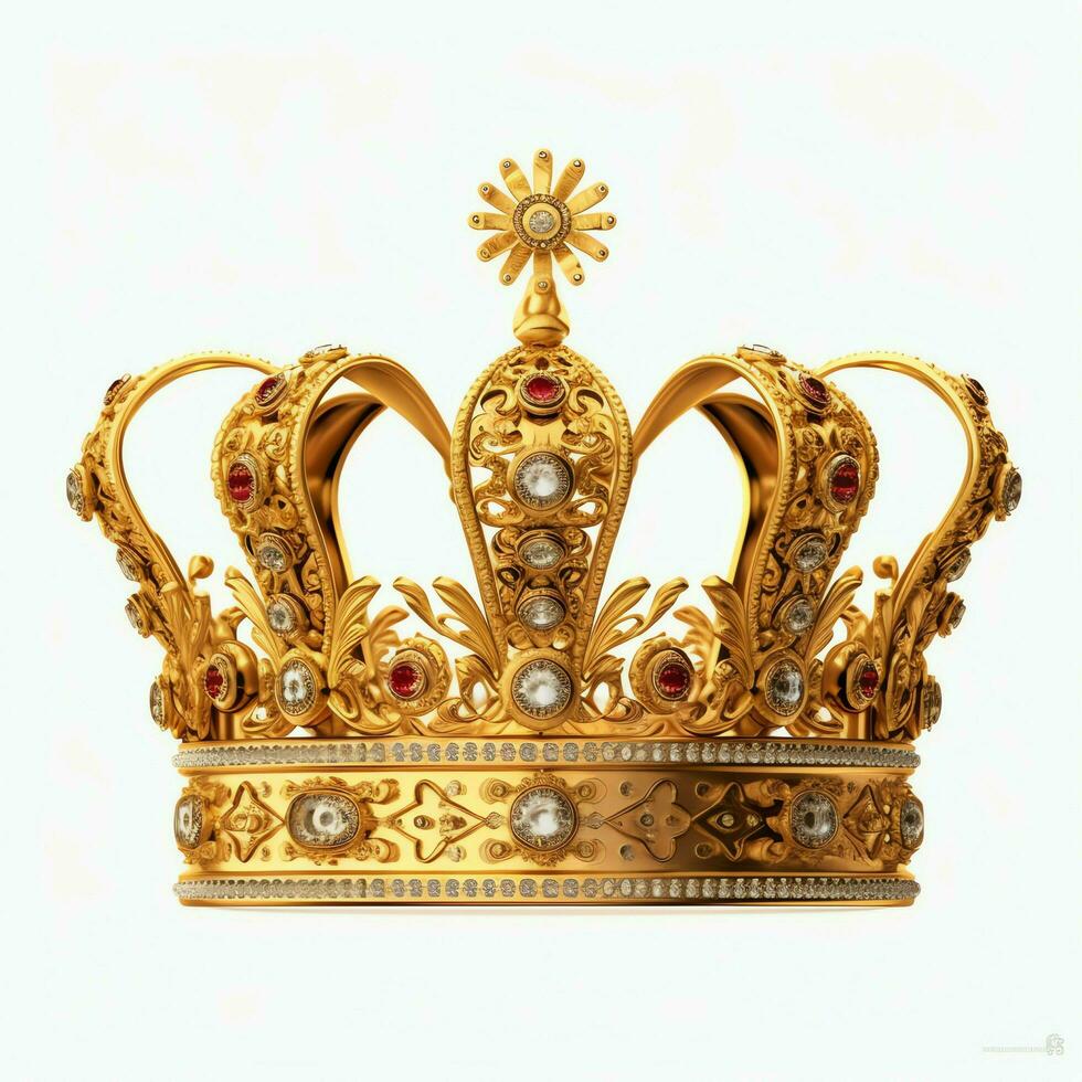 Regal golden emperor crown of a king on white background. 3D rendering luxury royal king gold crown concept by AI Generated photo