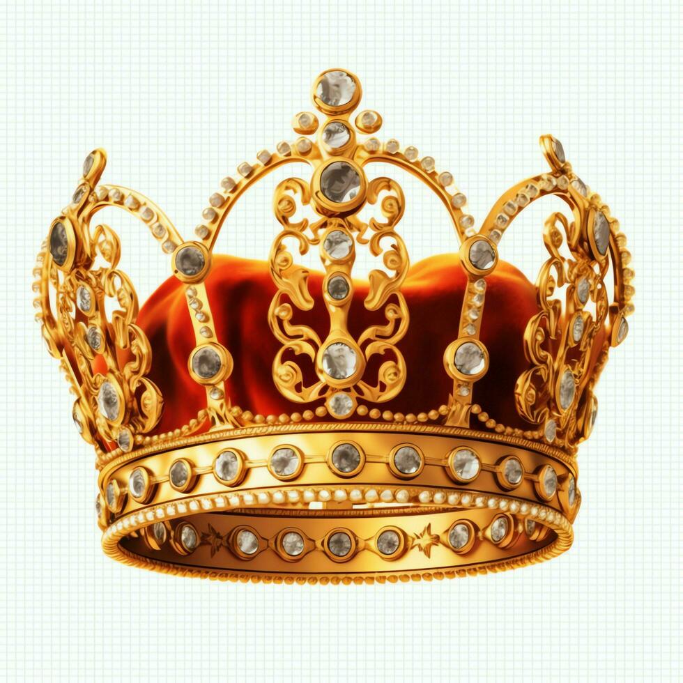 Regal golden emperor crown of a king on white background. 3D rendering luxury royal king gold crown concept by AI Generated photo