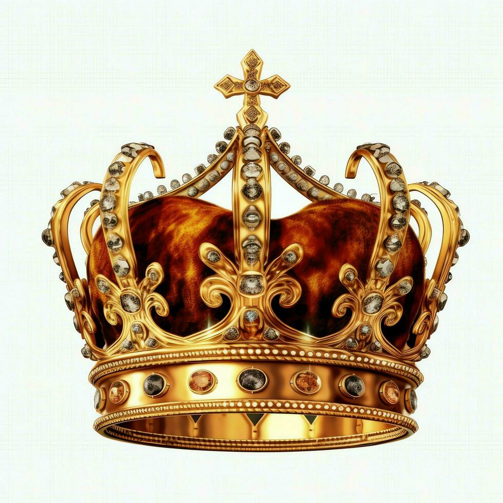 Regal golden emperor crown of a king on white background. 3D rendering luxury royal king gold crown concept by AI Generated photo
