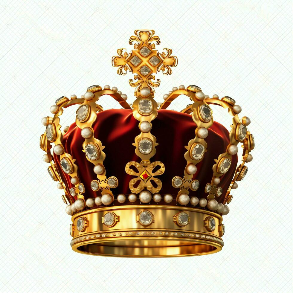 Regal golden emperor crown of a king on white background. 3D rendering luxury royal king gold crown concept by AI Generated photo