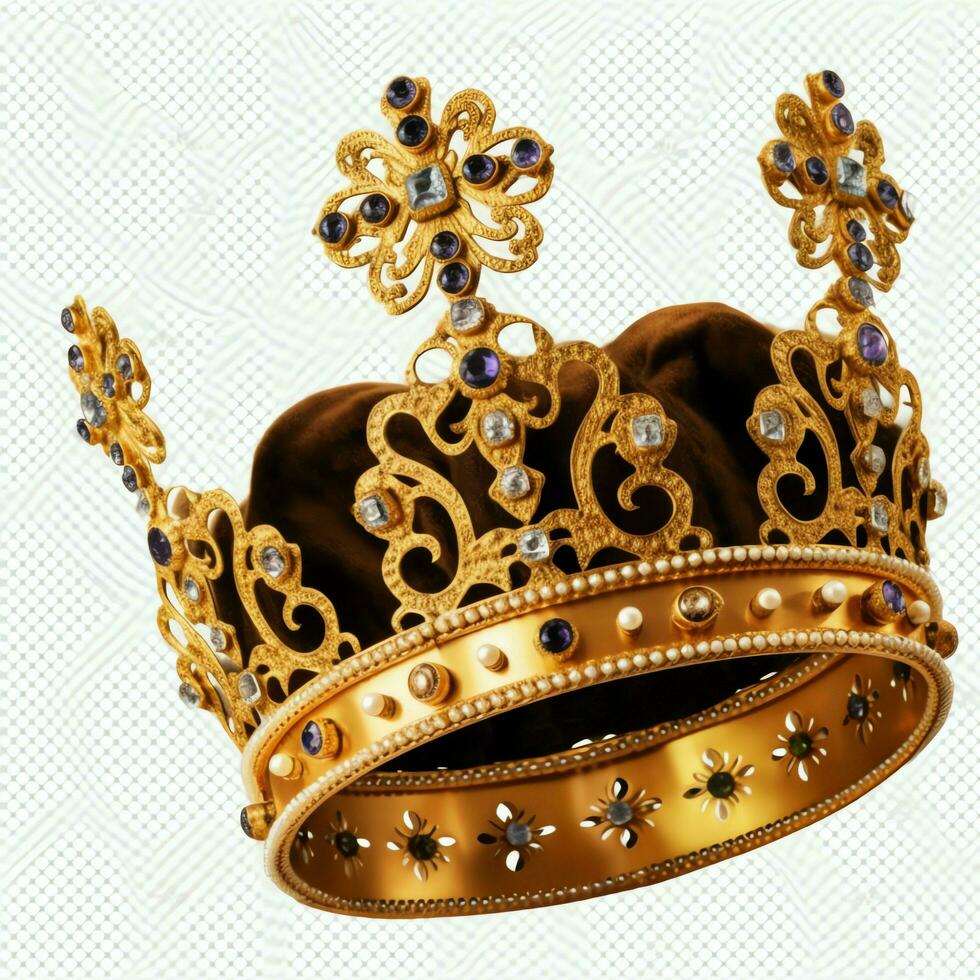 Regal golden emperor crown of a king on white background. 3D rendering luxury royal king gold crown concept by AI Generated photo