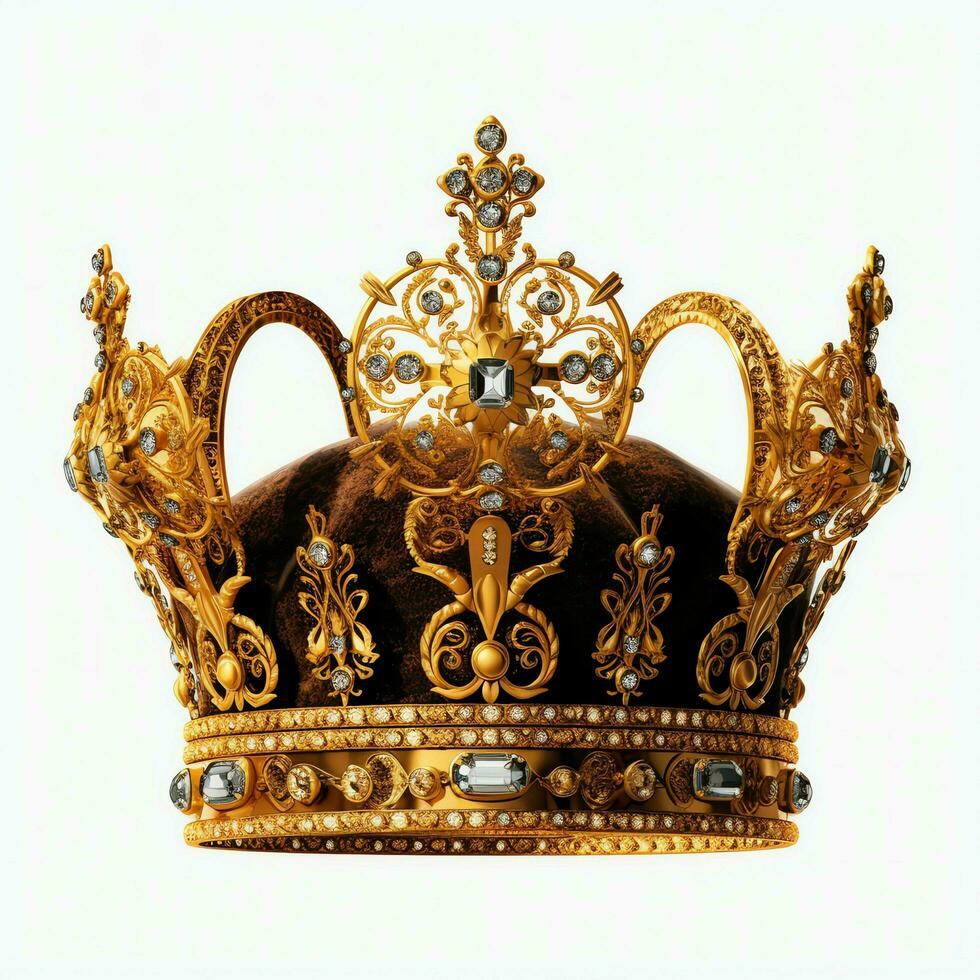 Regal golden emperor crown of a king on white background. 3D rendering luxury royal king gold crown concept by AI Generated photo