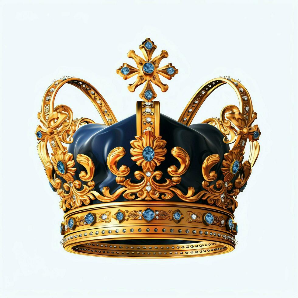 Regal golden emperor crown of a king on white background. 3D rendering luxury royal king gold crown concept by AI Generated photo