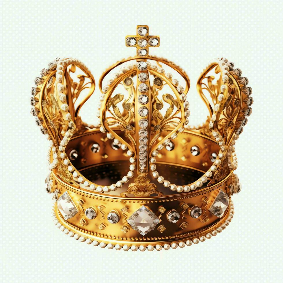 Regal golden emperor crown of a king on white background. 3D rendering luxury royal king gold crown concept by AI Generated photo