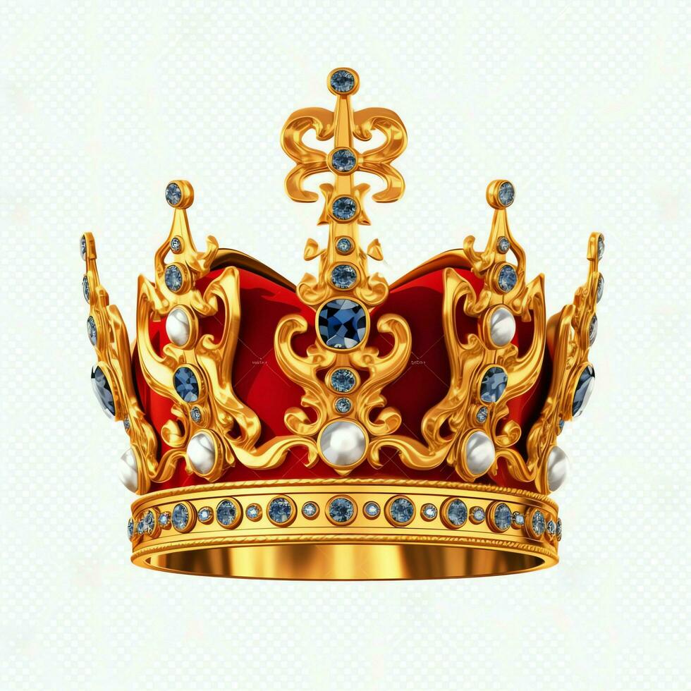 Regal golden emperor crown of a king on white background. 3D rendering luxury royal king gold crown concept by AI Generated photo