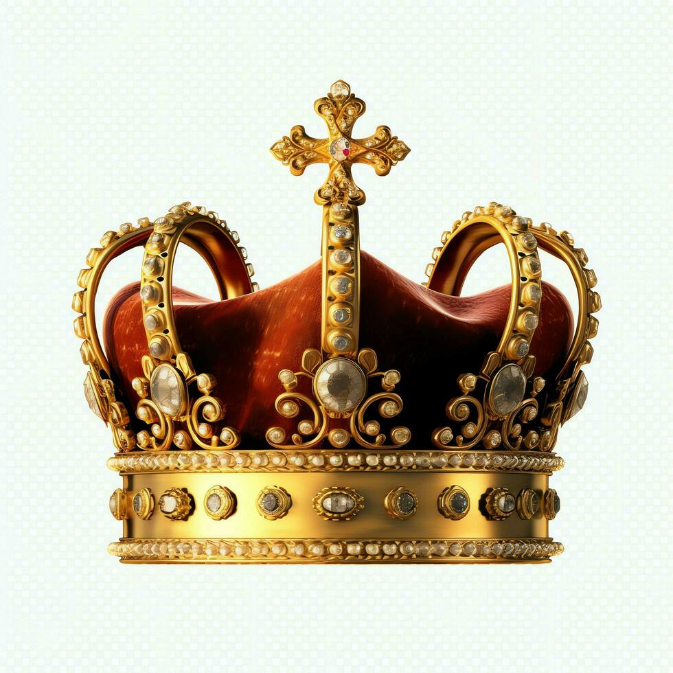 Regal golden emperor crown of a king on white background. 3D rendering luxury royal king gold crown concept by AI Generated photo