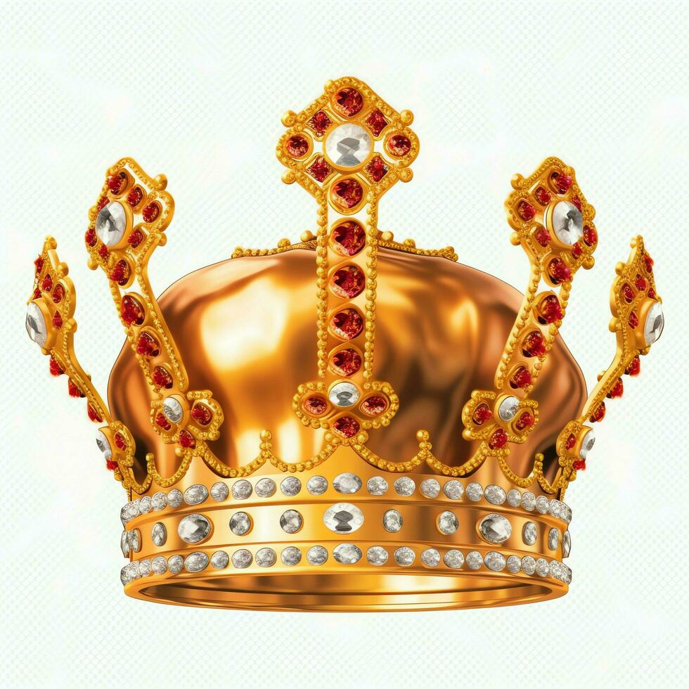 Regal golden emperor crown of a king on white background. 3D rendering luxury royal king gold crown concept by AI Generated photo